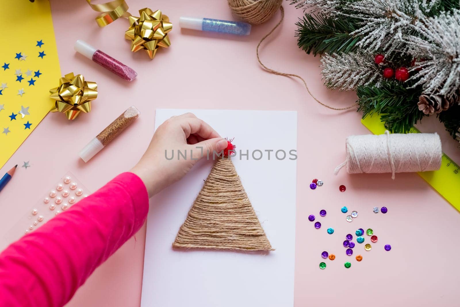 DIY concept. How to make Christmas card. New Year idea for children. Step-by-step photo instructions.