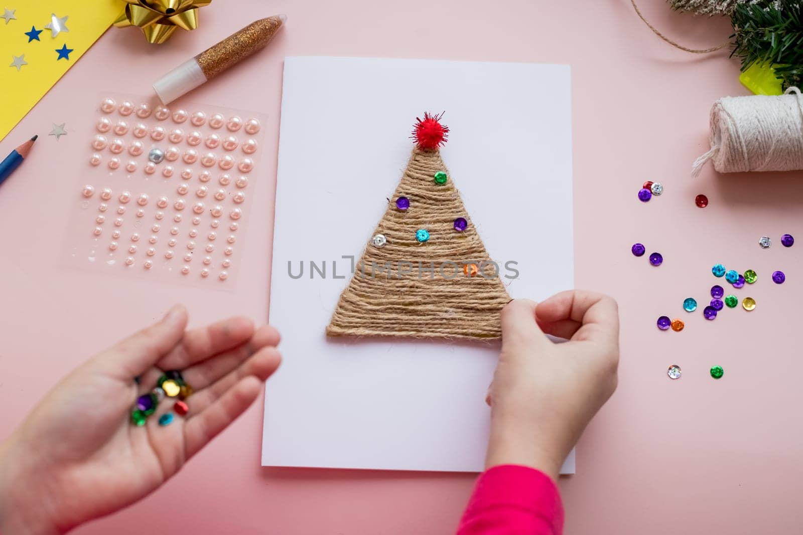 DIY concept. How to make Christmas card. New Year idea for children. Step-by-step photo instructions.