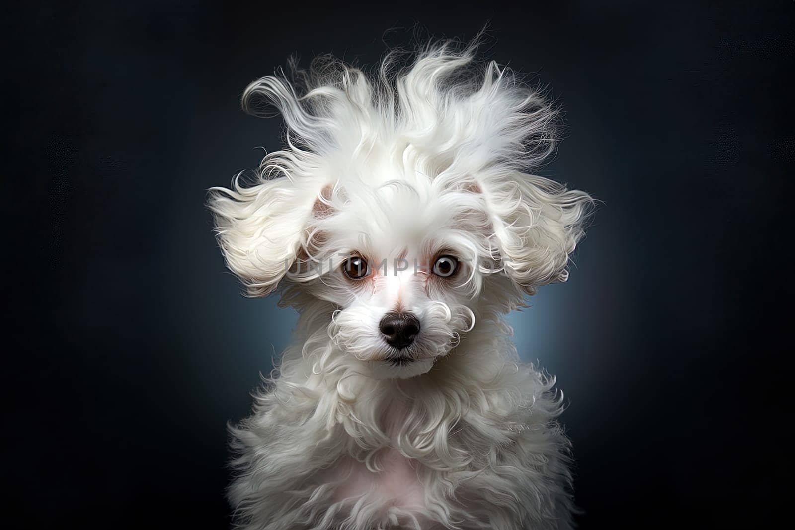 Portrait of white poodle on a black background, close up photo, studio photo. Ai generative art