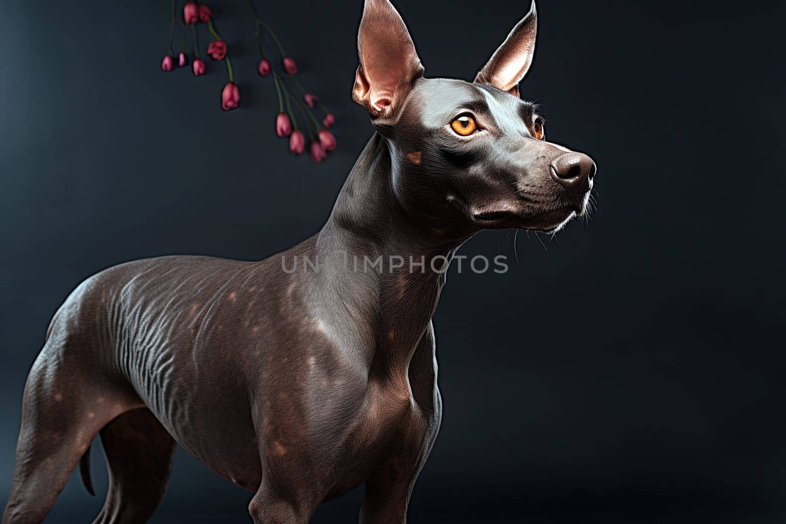 Xoloitzcuintli naked Mexican dog on a black background. Ai generative art