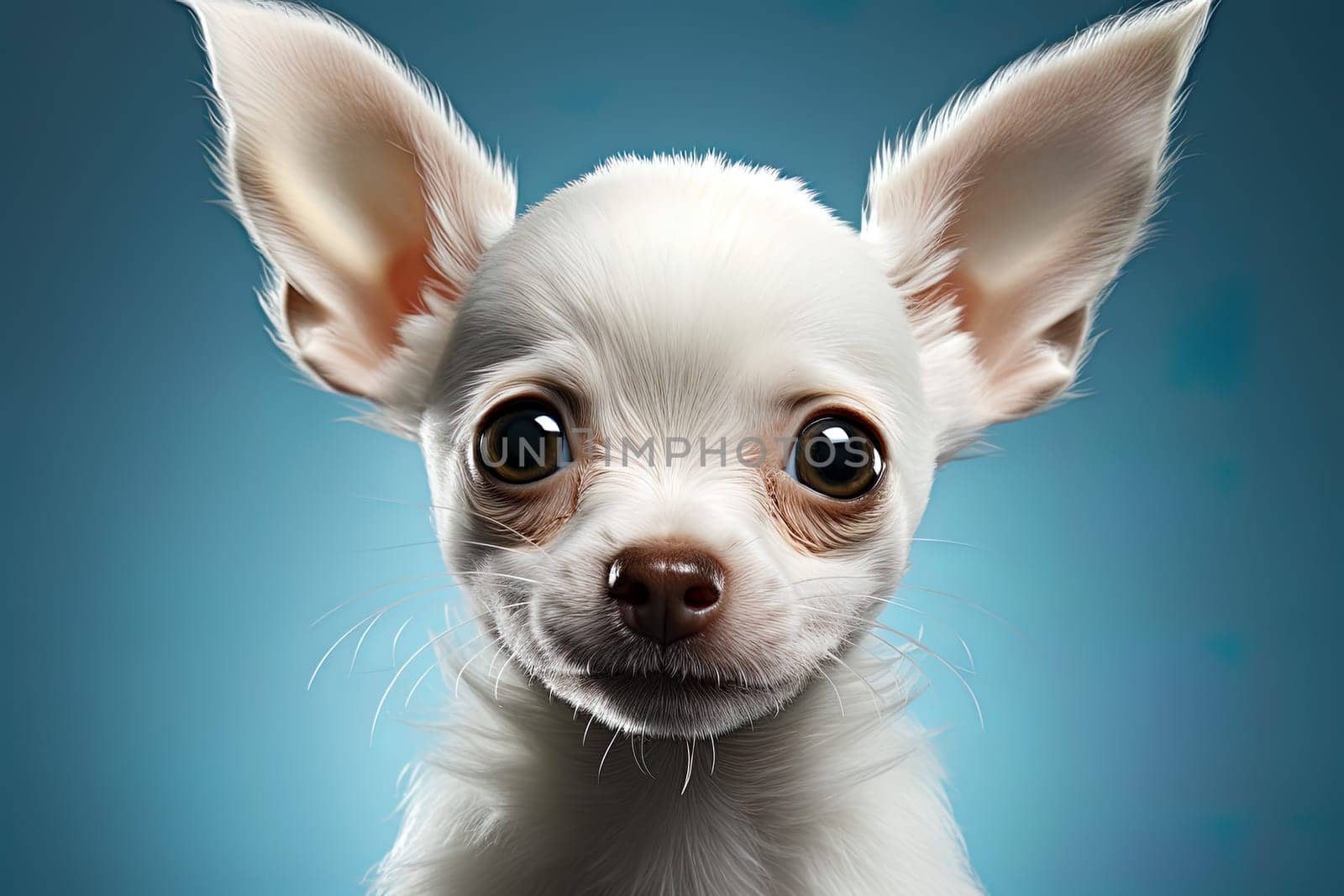 Portrait of a white chihuahua on a blue neutral background, cropped photo, studio light. Ai generative art