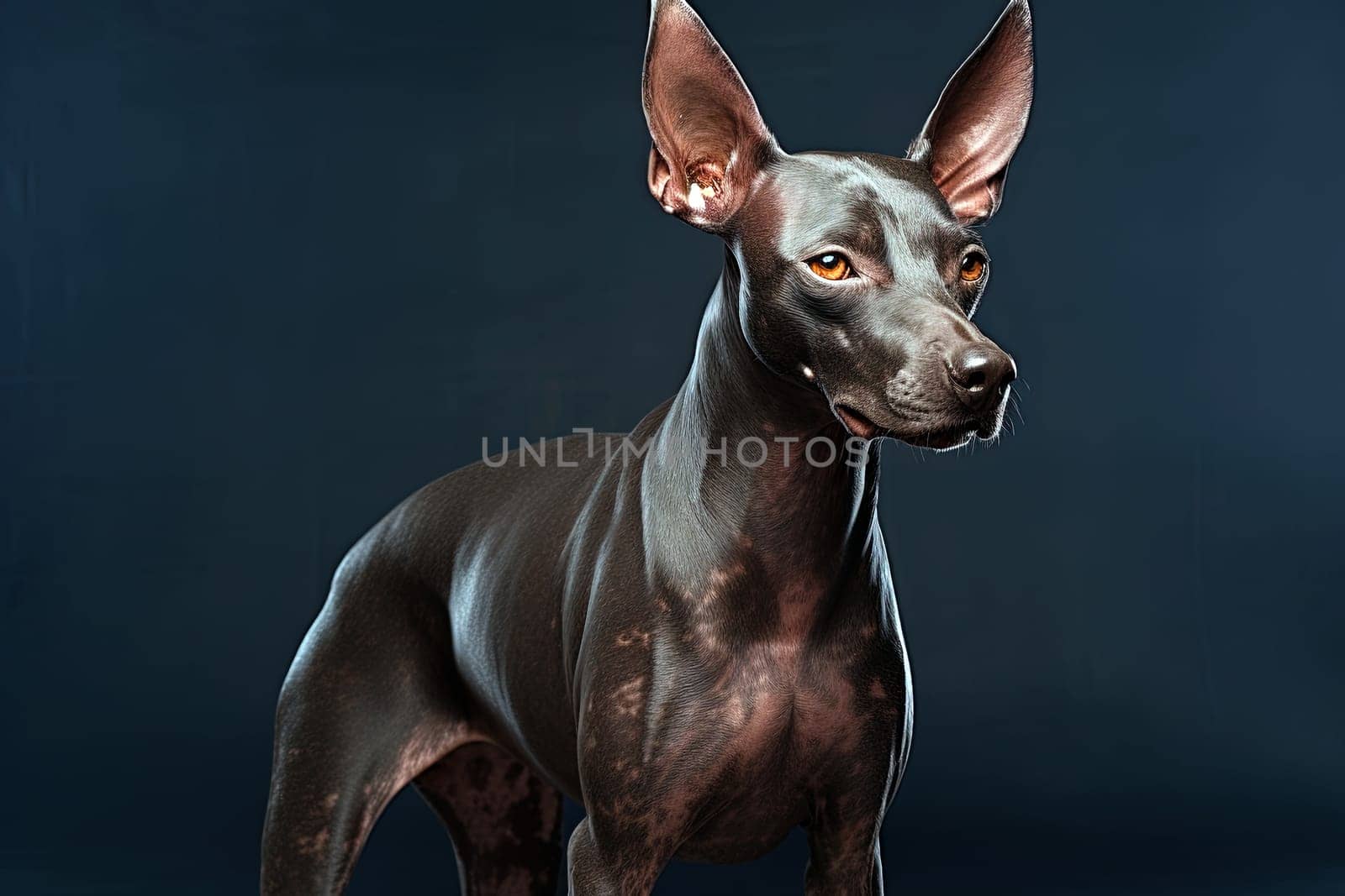 Xoloitzcuintli naked Mexican dog on a black background. Ai generative art