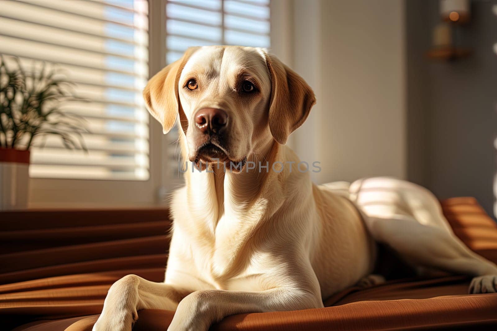 Portrait of a white Labrador retriever on a beige neutral background, cropped photo, natural light. Ai generative art
