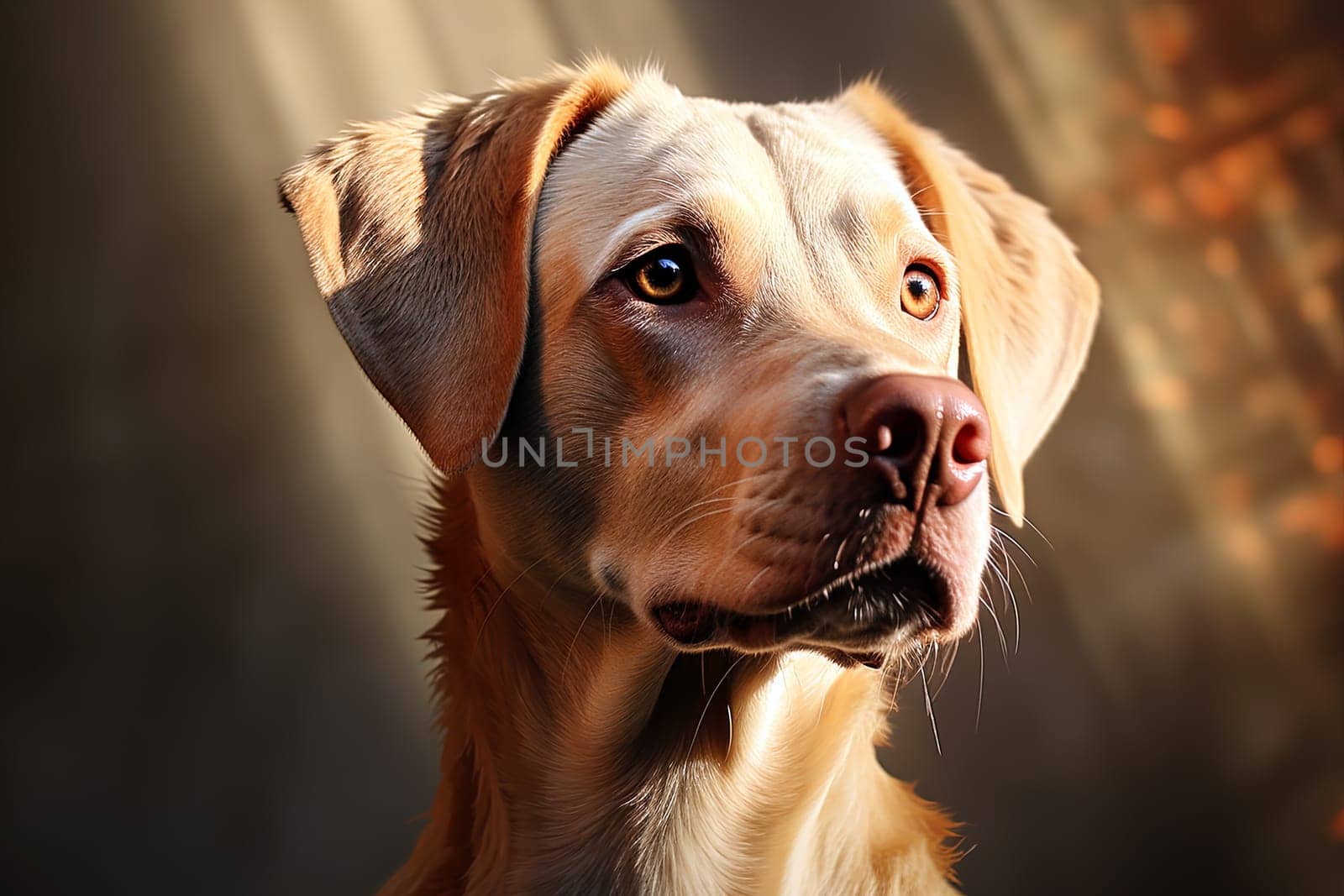 Portrait of a white Labrador retriever on a beige neutral background, cropped photo, natural light. Ai generative art