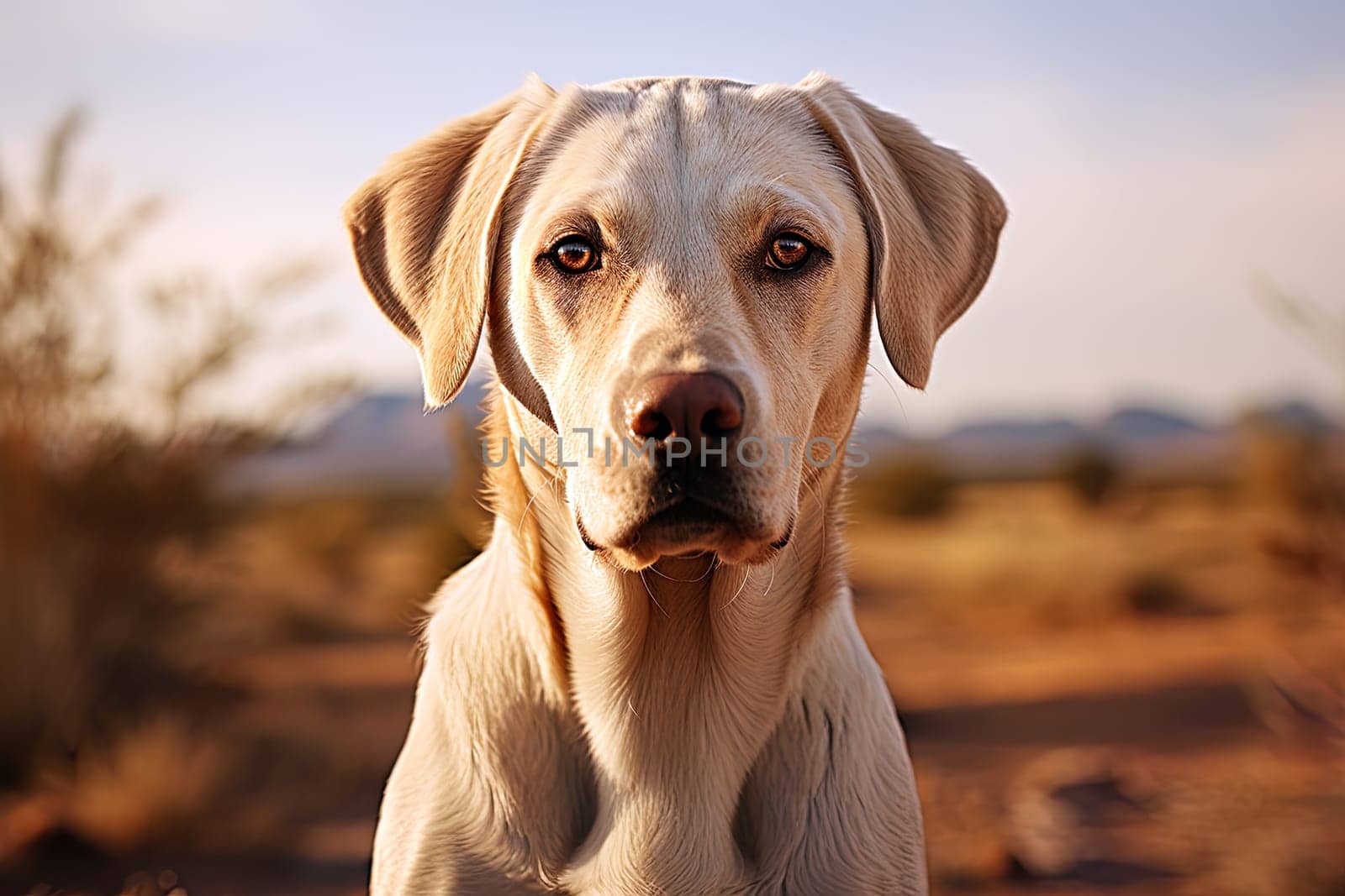 Portrait of a white Labrador retriever on a nature, cropped photo, natural light. Ai generative art