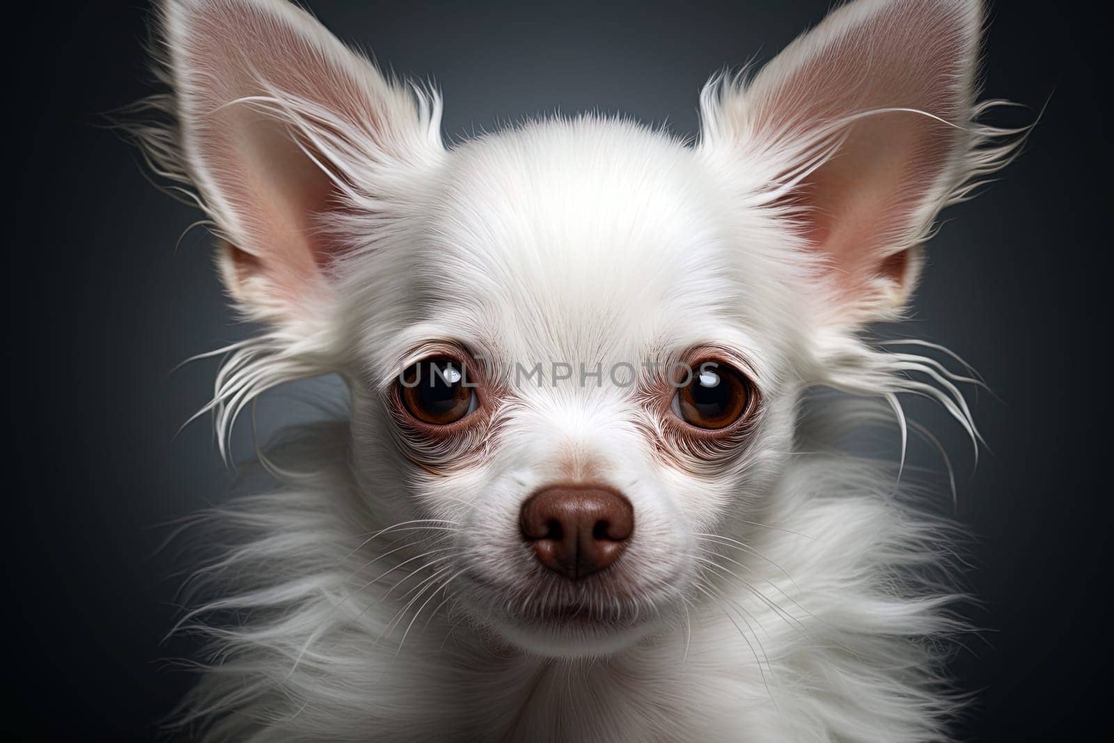 Portrait of a white chihuahua on a dark neutral background, cropped photo, studio light. Ai generative art