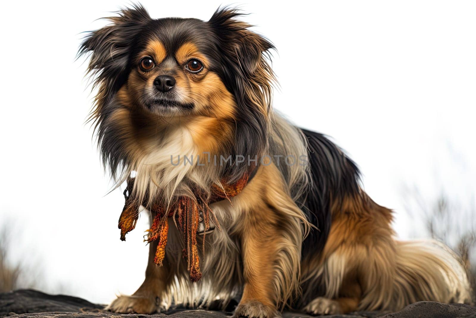 Portrait of Tibetan Spaniel on a white background, close up cropped photo. Ai generative art