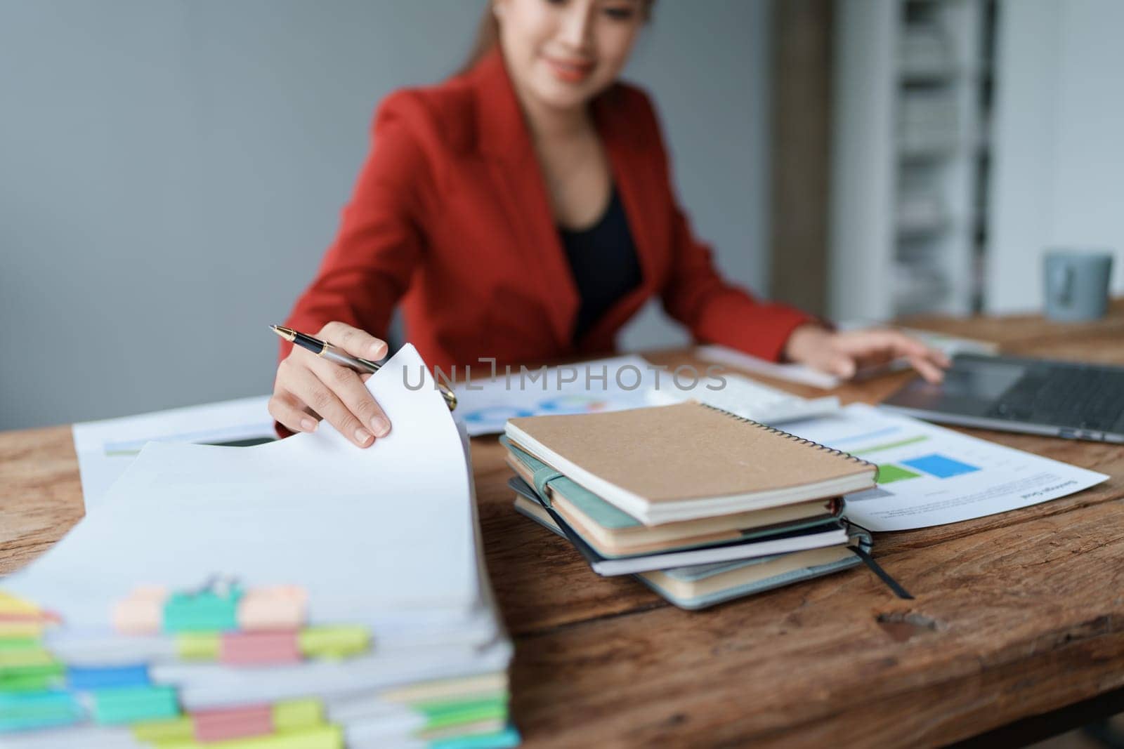 planning, auditing, business planning, finance, young asian business woman working on computer and checking investment documents and planning marketing to increase profit, business concepts