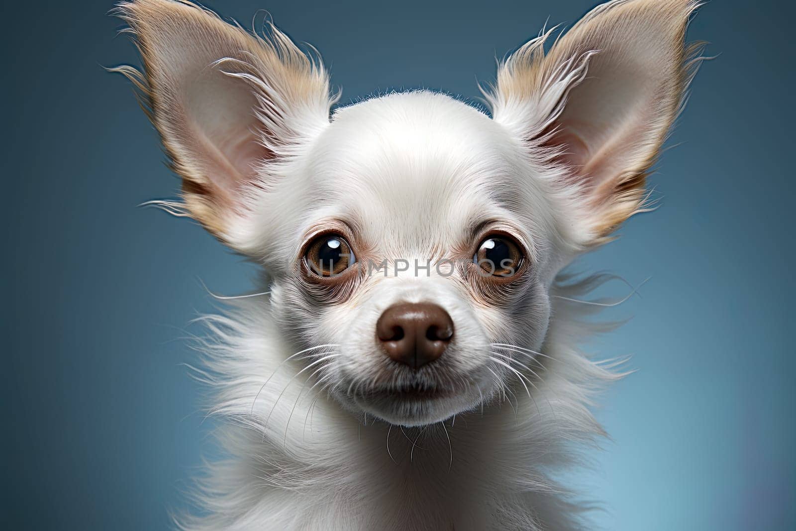 Portrait of a white chihuahua on a blue neutral background, cropped photo, studio light. Ai generative art