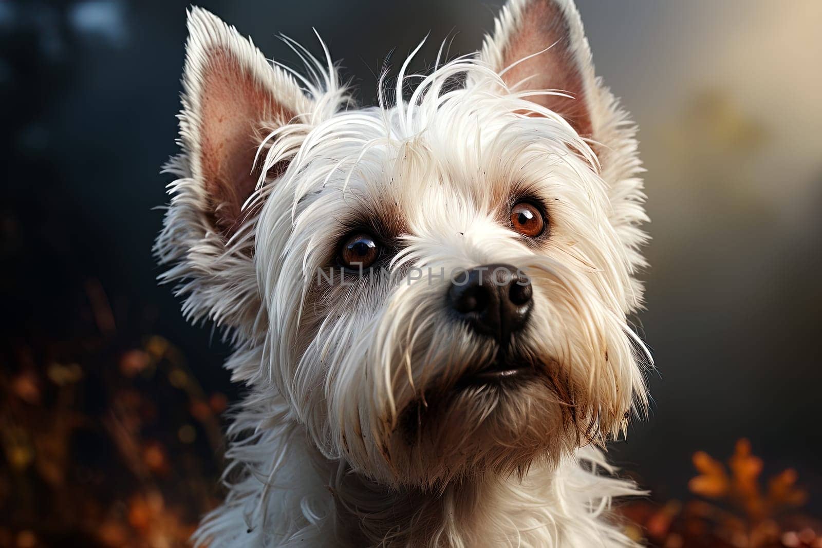 West Highland White Terrier on a neutral background, cropped close up photo. ai generative art