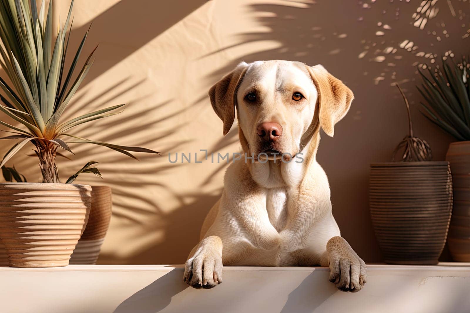 Portrait of a white Labrador retriever on a beige neutral background, cropped photo, natural light. Ai generative art