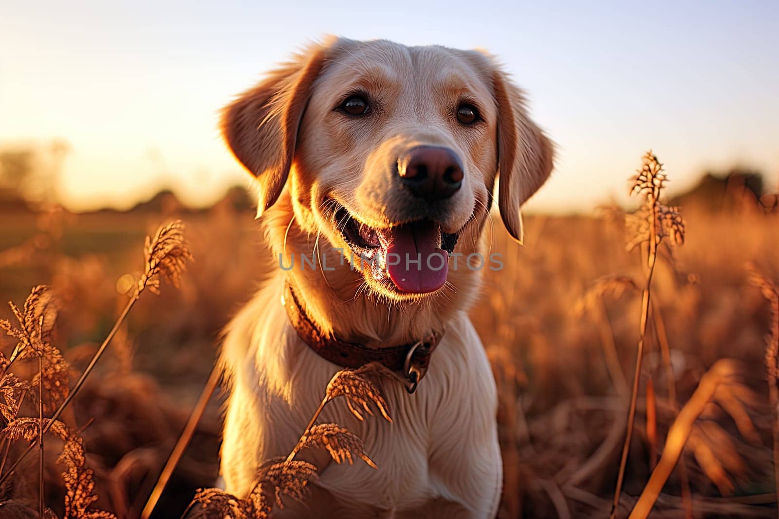 Portrait of a white Labrador retriever on a nature background, cropped photo, natural light. Ai generative art
