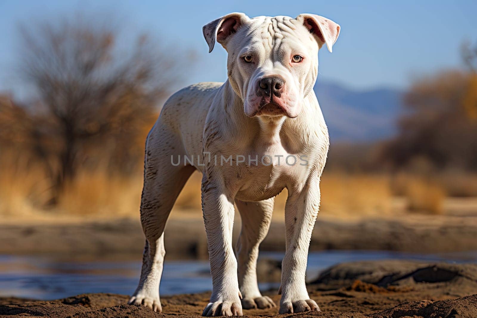 American Bulldog on a nature, close up photo, neutral light. Ai art by Dustick