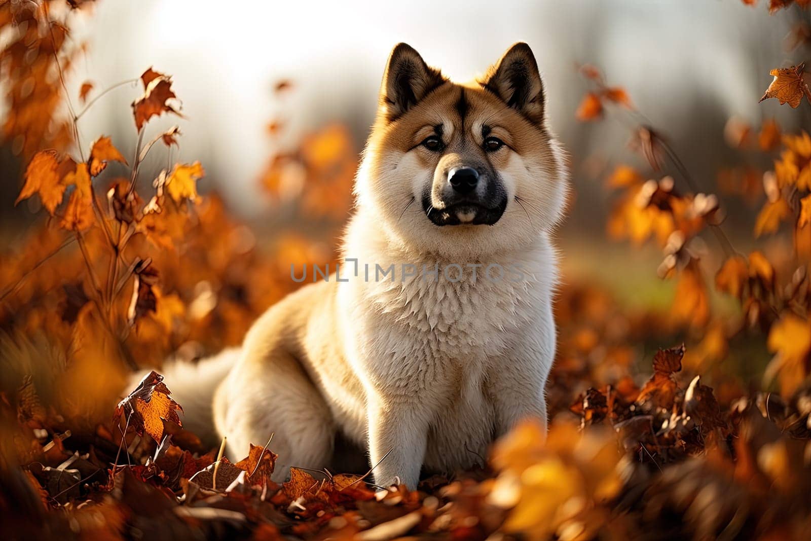 portrait of a American akita dog lying on autumn foliage, natural light, outdoors, warm filter, ai generative art