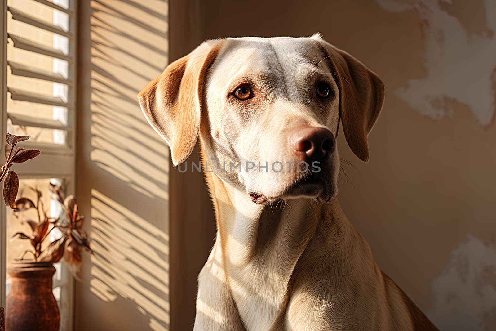 Portrait of a white Labrador retriever on a beige neutral background, cropped photo, natural light. Ai generative art