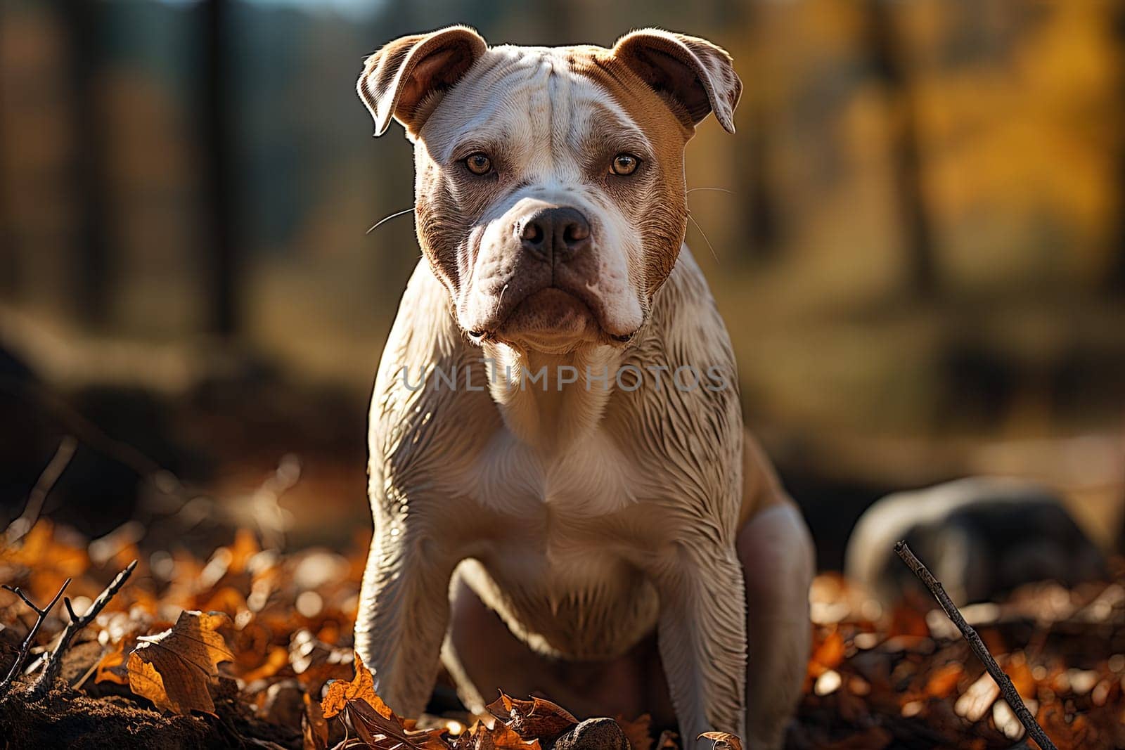 Portrait of a American Bulldog on a nature, close up photo, neutral light. Ai generative art