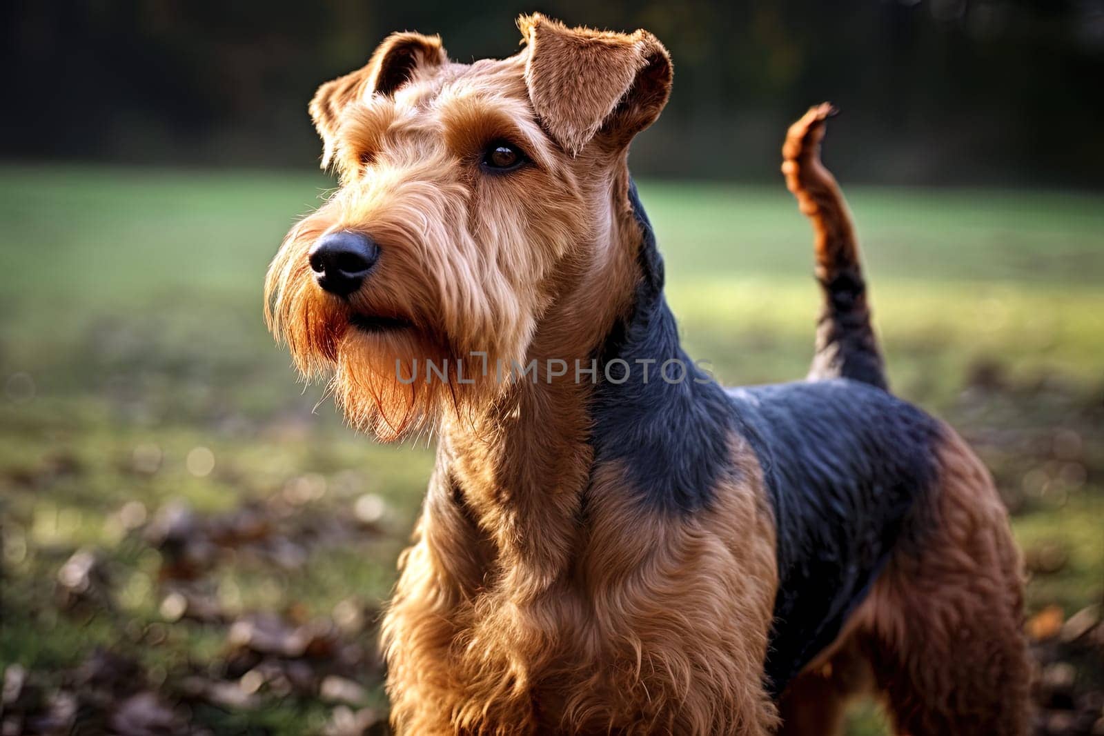 Portrait of Welsh Terrier on a nature, close up cropped photo. Ai generative art