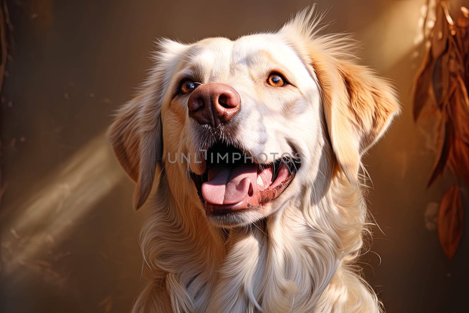 Portrait of a white Labrador retriever on a beige neutral background, cropped photo, natural light. Ai generative art