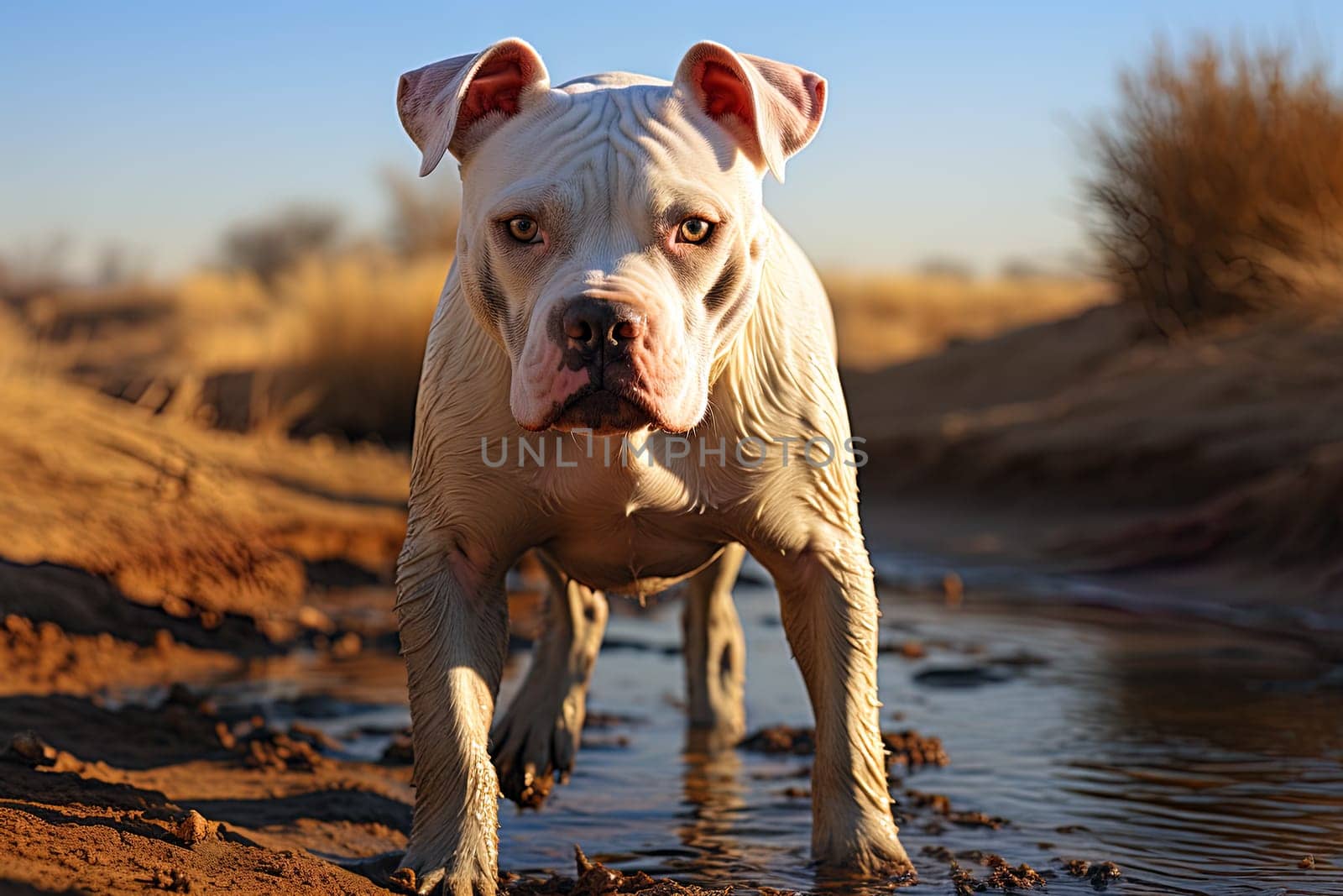 American Bulldog on a nature, close up photo, neutral light. Ai art by Dustick