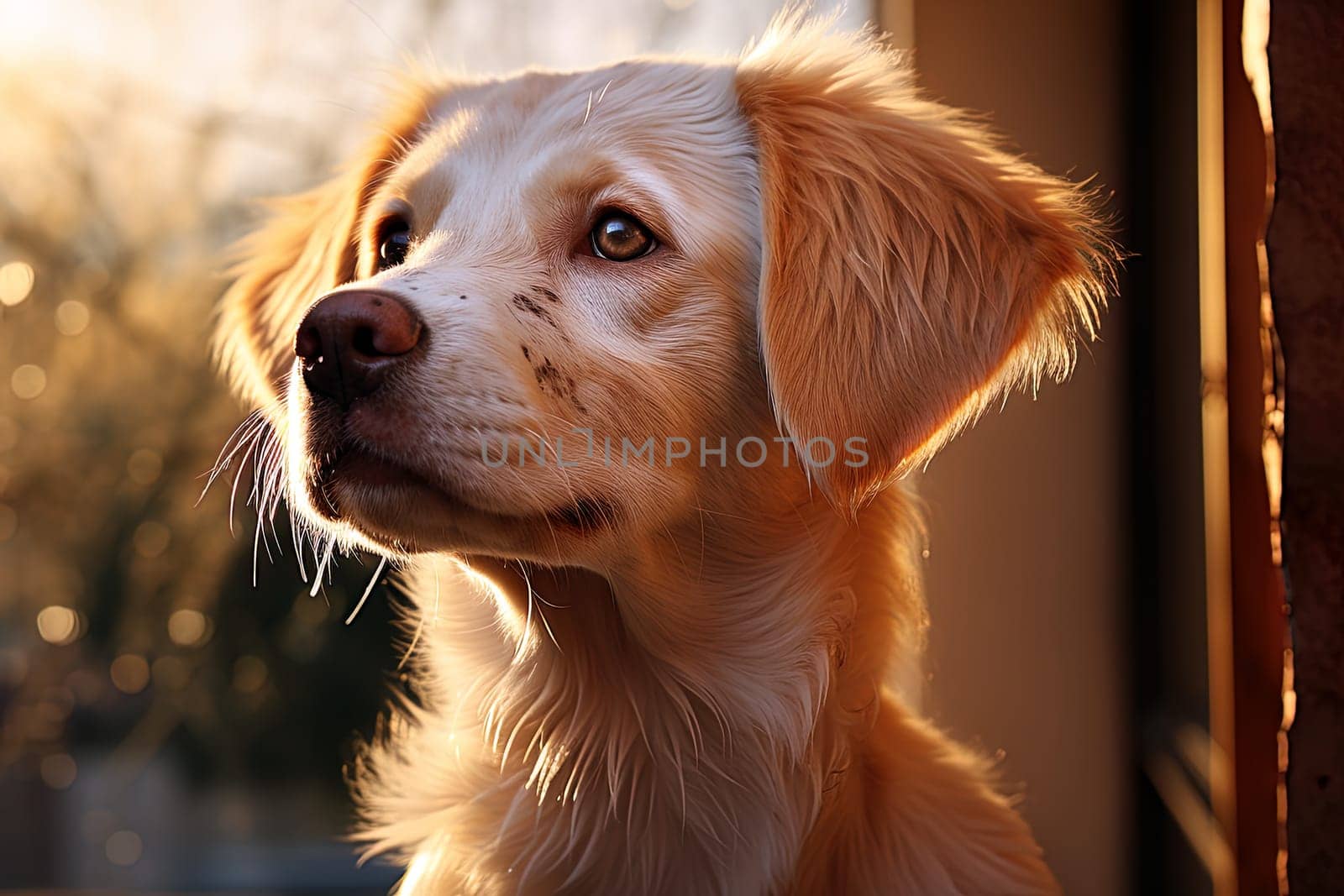 Portrait of a white Labrador retriever on a beige neutral background, cropped photo, natural light. Ai generative art