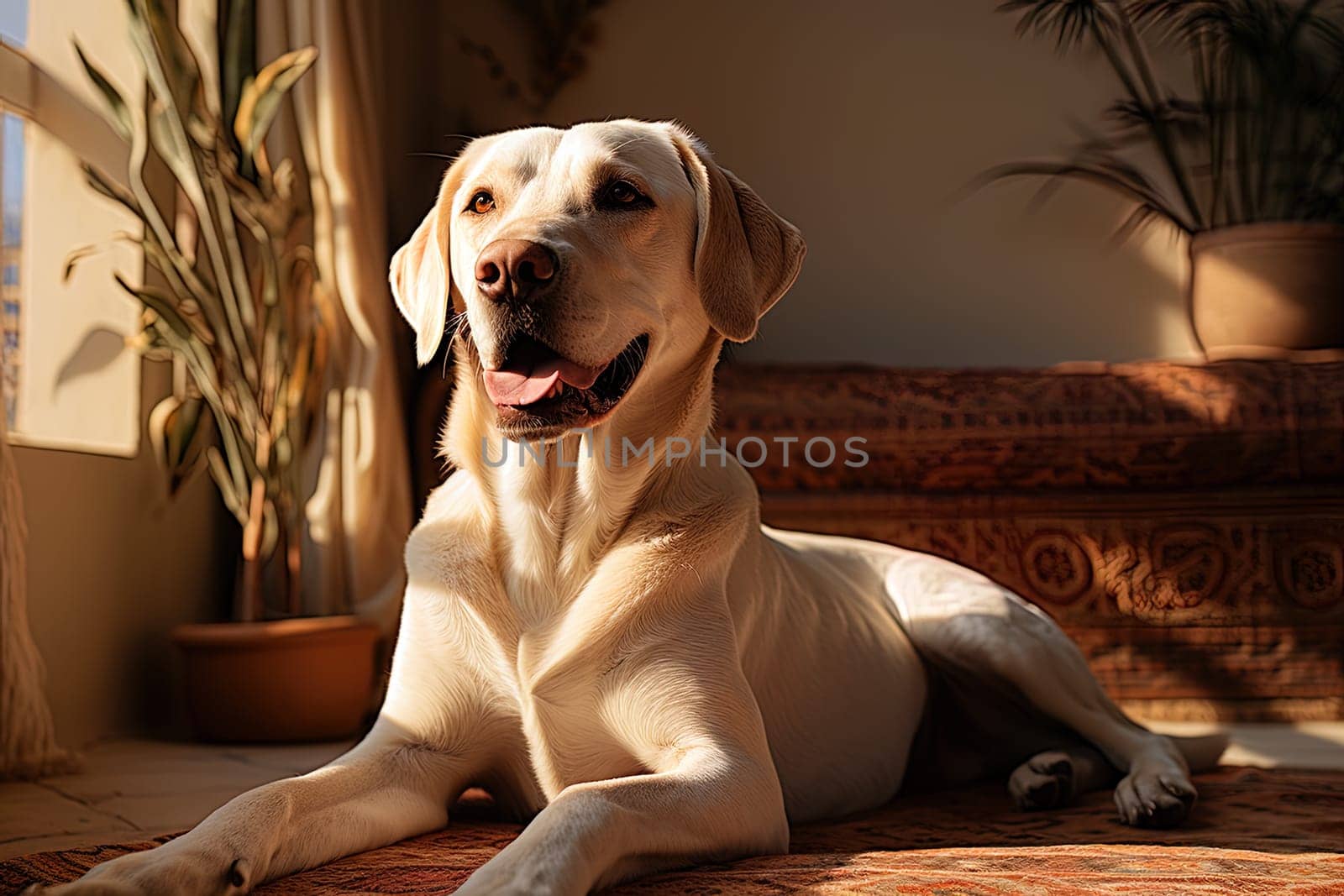 Portrait of a white Labrador retriever on a beige neutral background, cropped photo, natural light. Ai art by Dustick