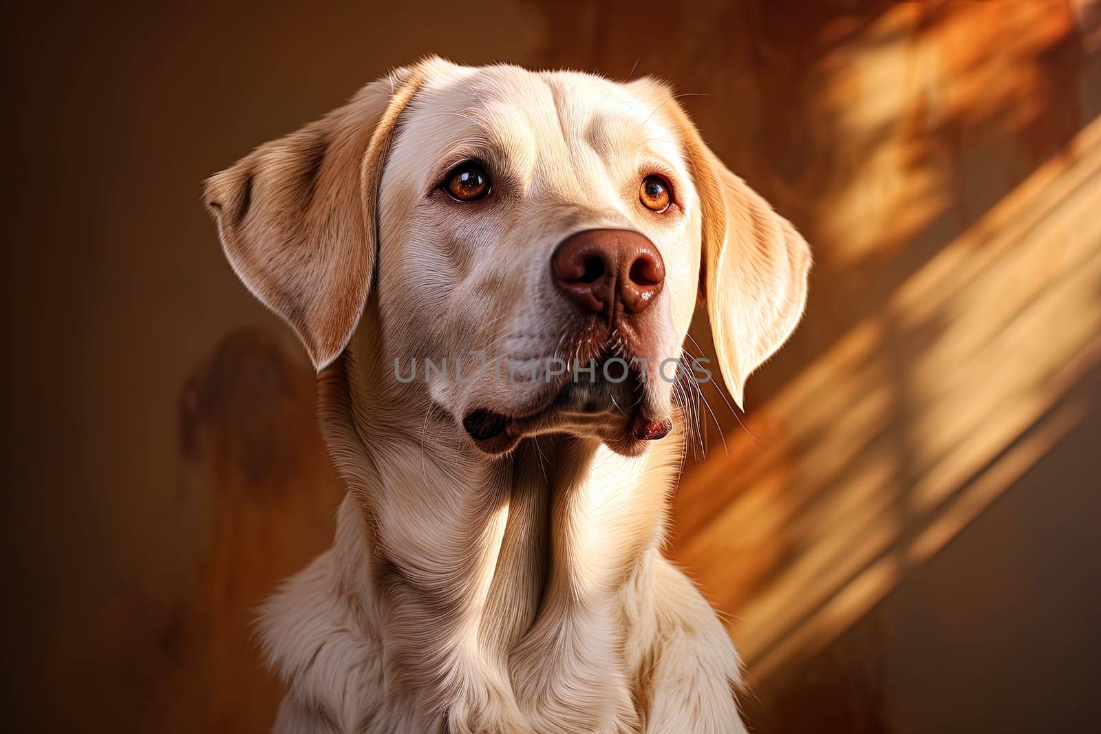 Portrait of a white Labrador retriever on a beige neutral background, cropped photo, natural light. Ai art by Dustick