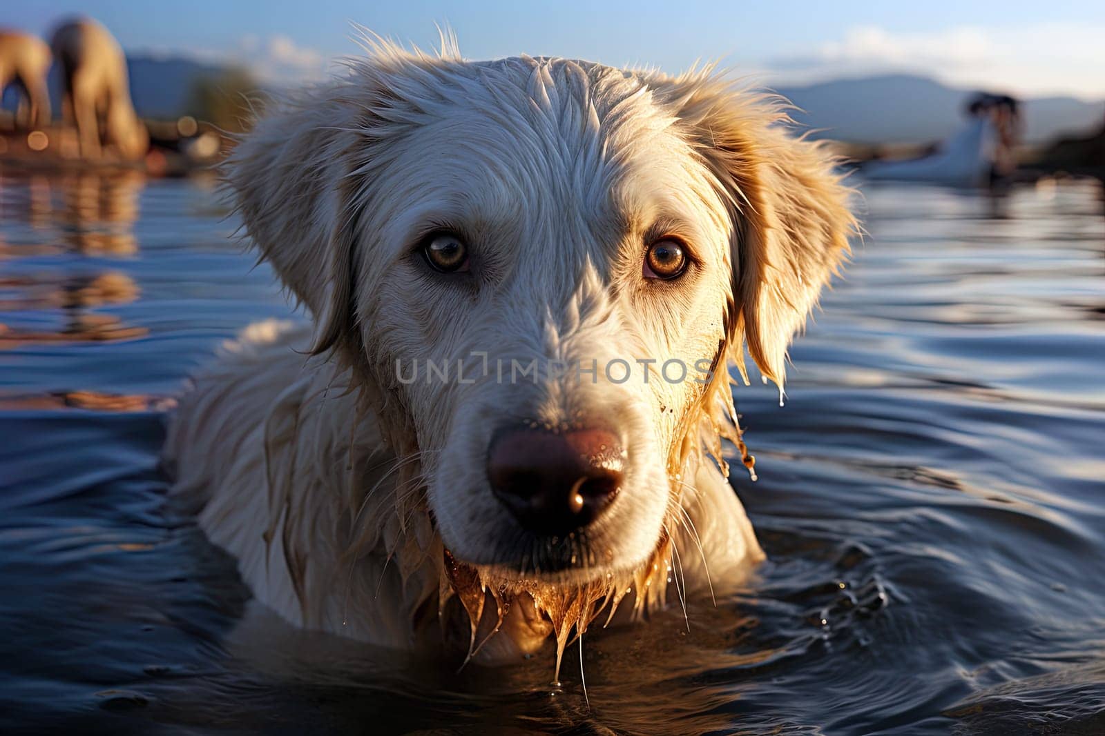 Portrait of a white Labrador retriever on a water, cropped photo, natural light. Ai generative art