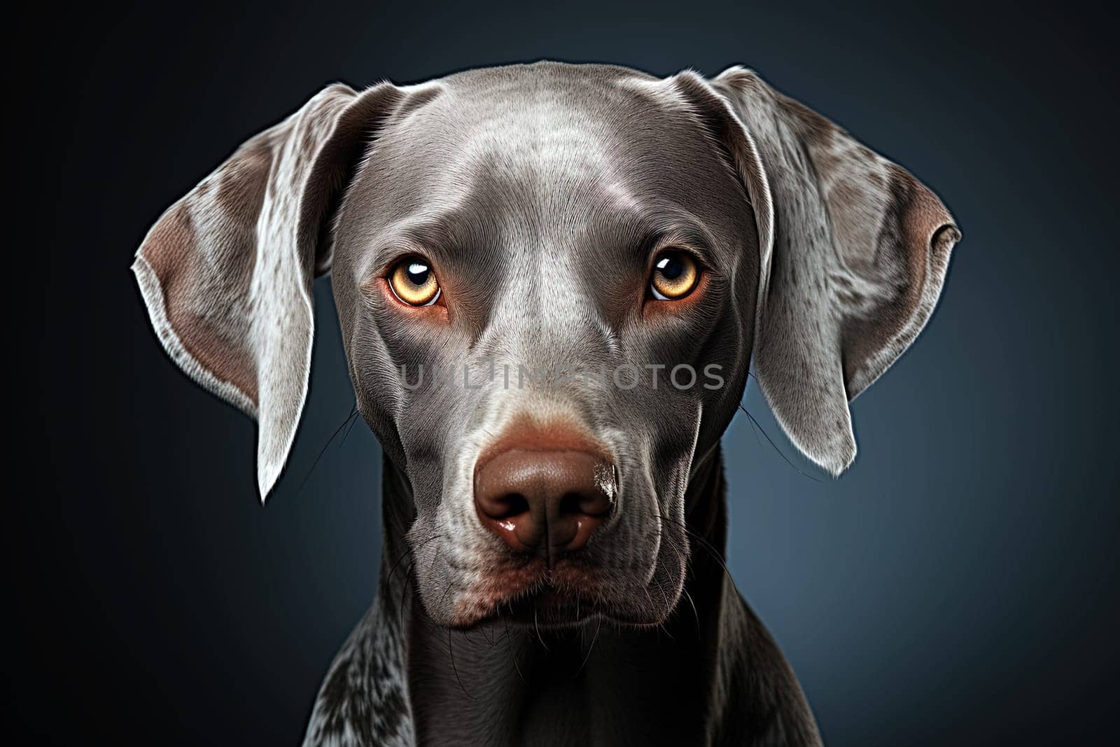 Portrait of Weimaraner cardigan on a dark black background, close up cropped photo. Ai art by Dustick