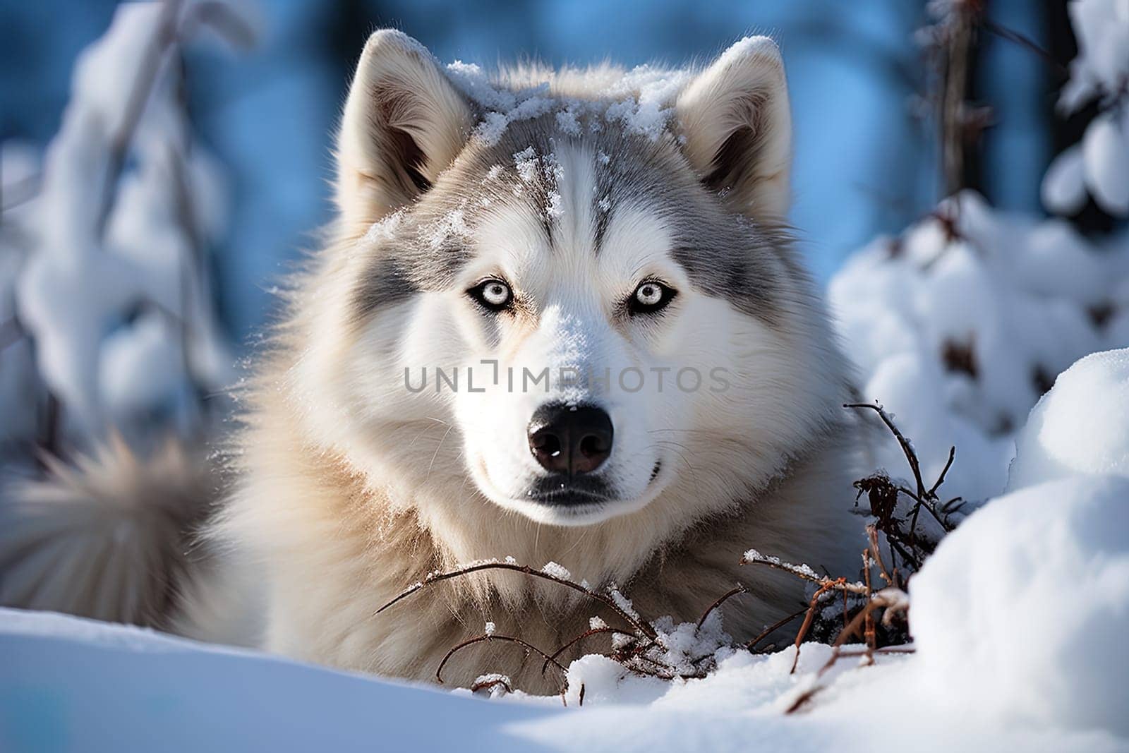 West Siberian Husky on a winter nature, ai generative art