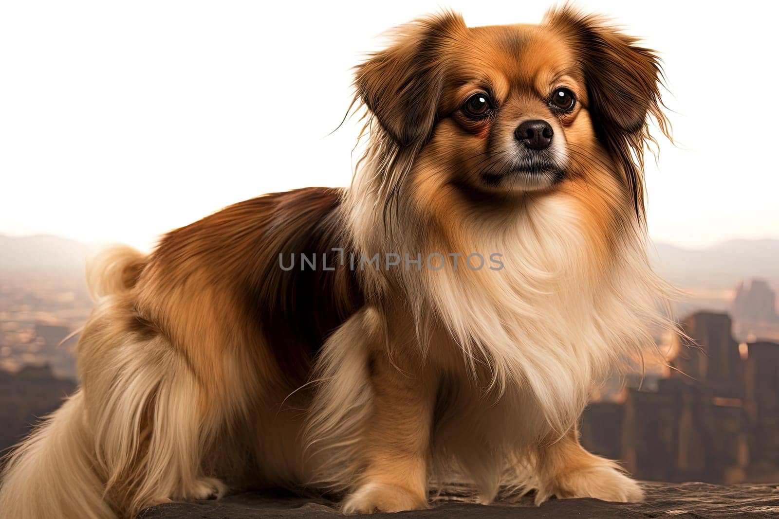 Portrait of Tibetan Spaniel on a nature background, close up cropped photo. Ai generative art