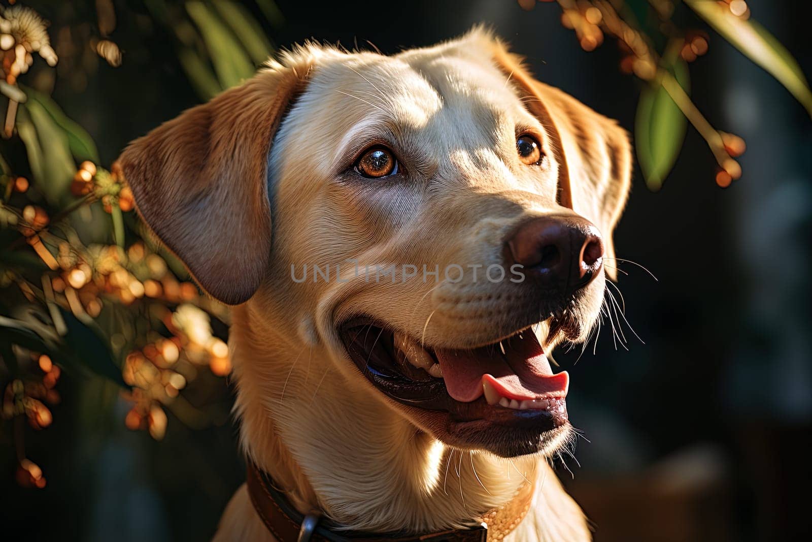 Portrait of a white Labrador retriever on a nature, cropped photo, natural light. Ai generative art