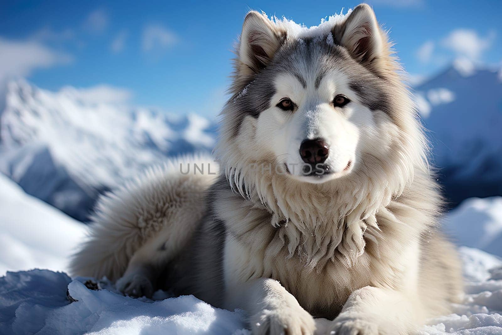 Alaskan Malamute on background of snow-covered forest Close-up photo, natural natural light. Ai generative art