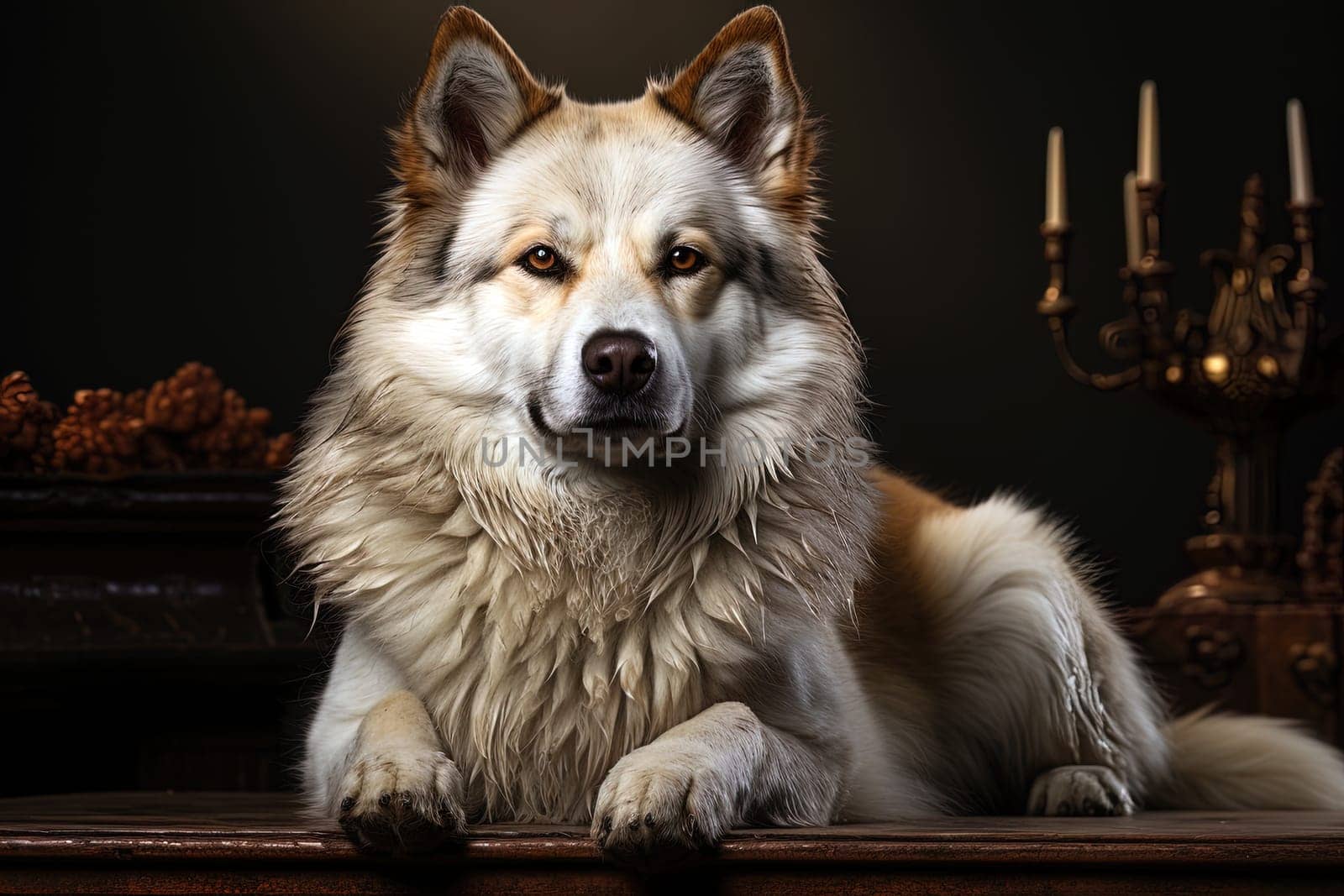 portrait of an American akita on a dark background, natural light, studio background, close up, cropped photo. Ai generative art