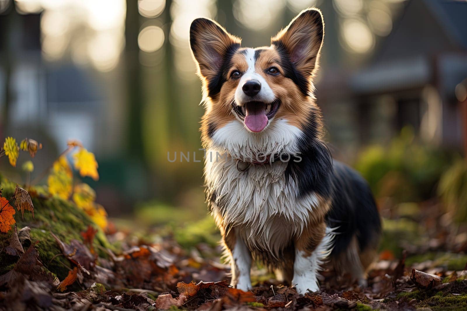 Portrait of Welsh Corgi cardigan on a autumn nature close up cropped photo. Ai generative art