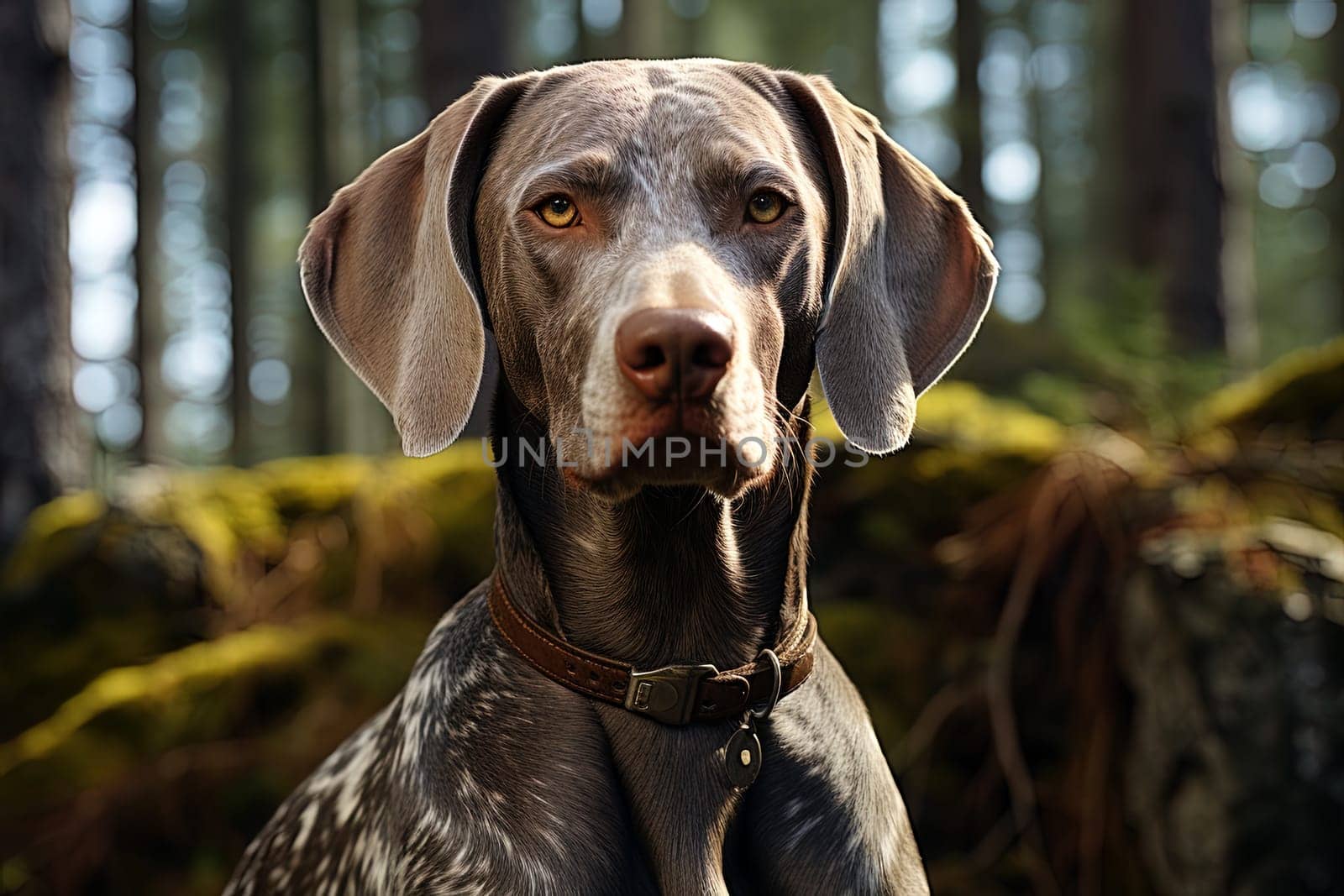 Portrait of Weimaraner cardigan on a nature close up cropped photo. Ai generative art