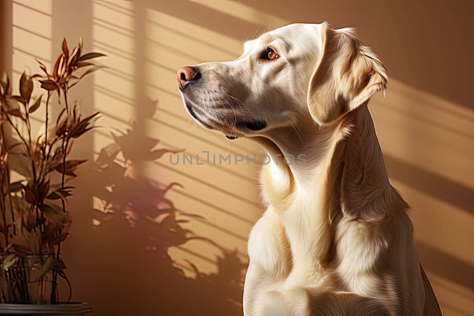 Portrait of a white Labrador retriever on a beige neutral background, cropped photo, natural light. Ai art by Dustick