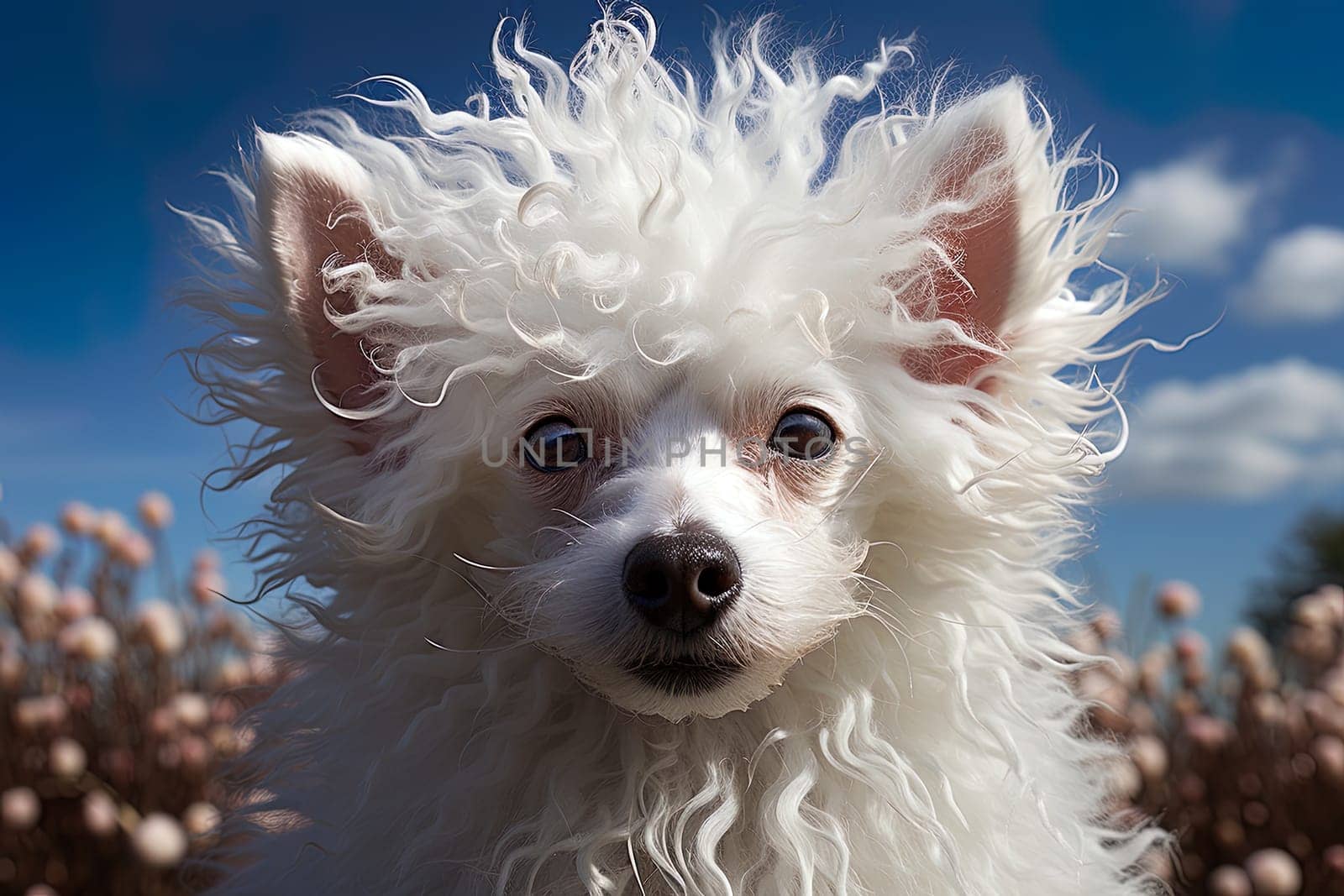 Portrait of white poodle, close up photo, studio photo. Ai generative art