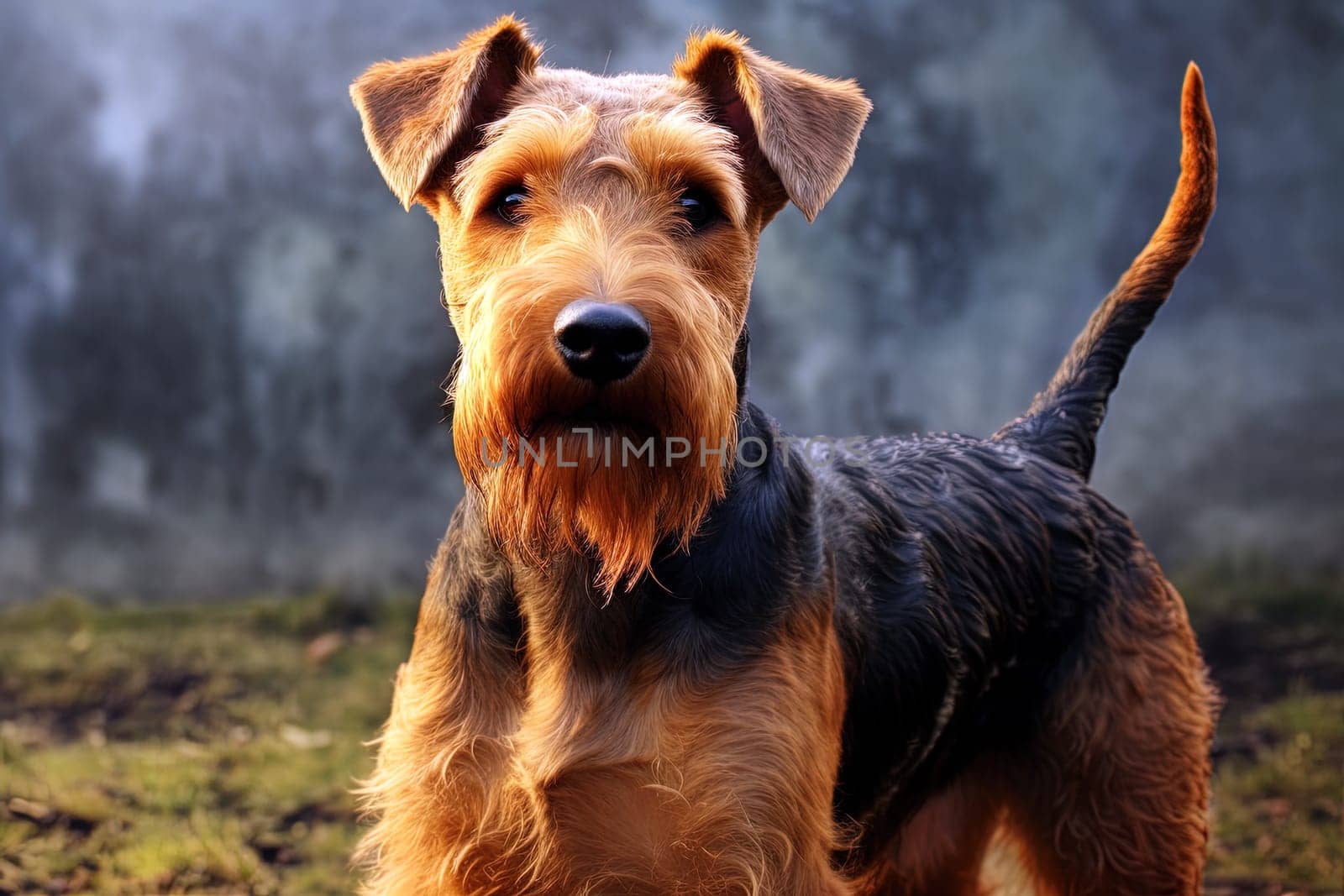 Portrait of Welsh Terrier on a nature, close up cropped photo. Ai generative art