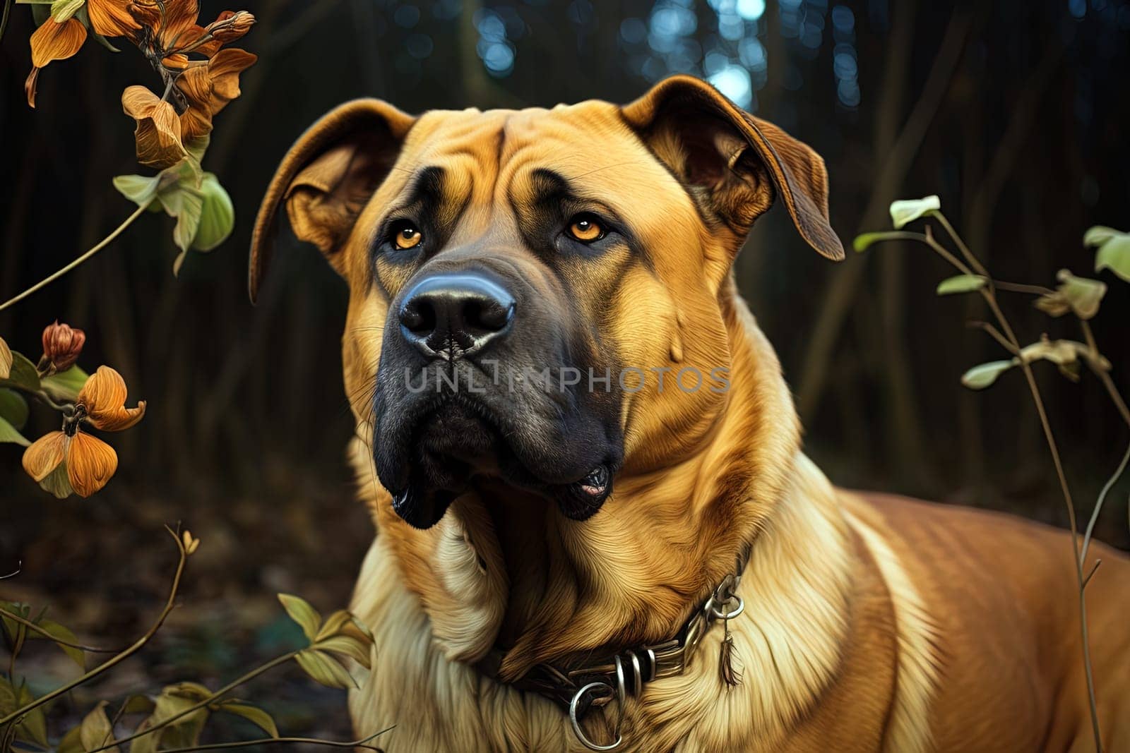 Portrait of Tosa Inu on a nature close up cropped photo. Ai generative art