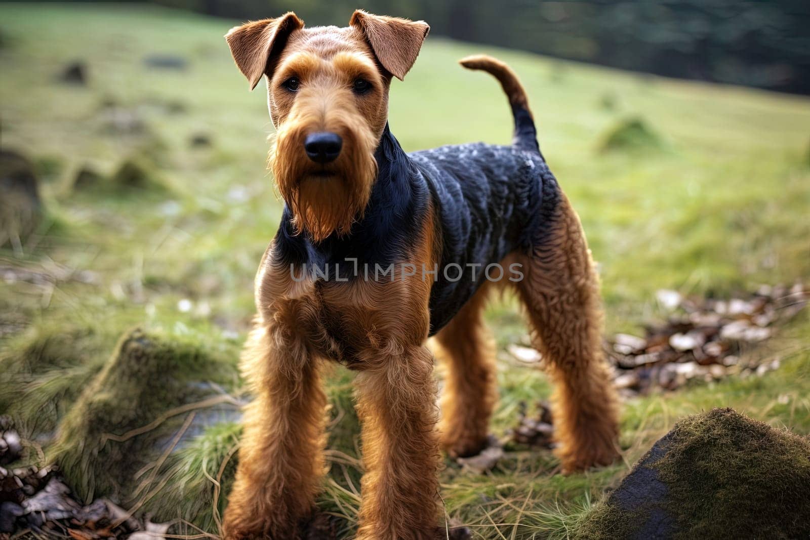 Portrait of Welsh Terrier on a nature close up cropped photo. Ai art by Dustick