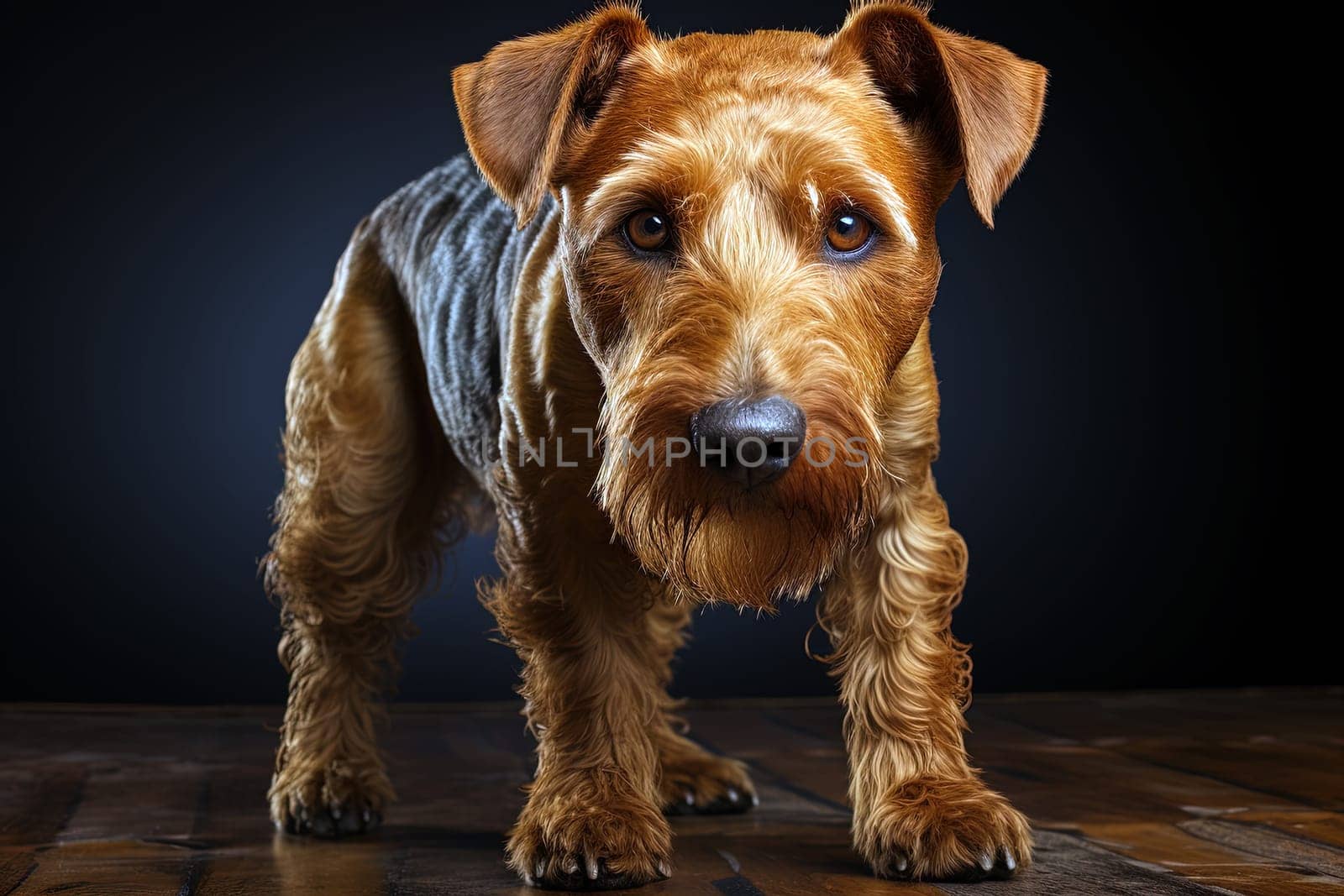 Portrait of Welsh Terrier on a black background, close up cropped photo. Ai generative art
