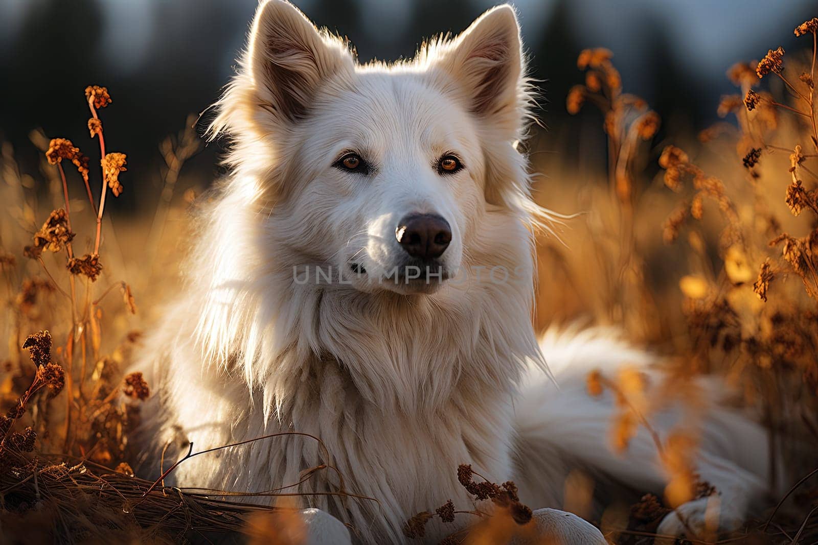 Portrait of white Swiss Shepherd dog on a nature, close up photo, morning light. Ai art by Dustick