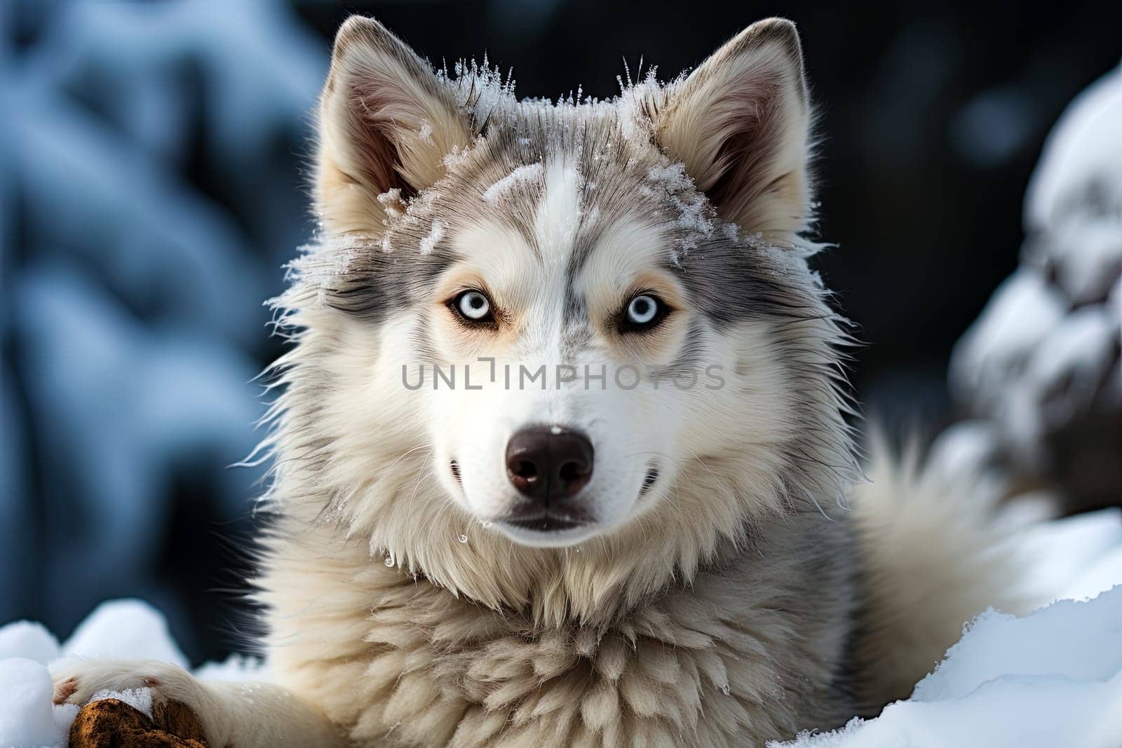 West Siberian Husky on a winter nature, ai generative art