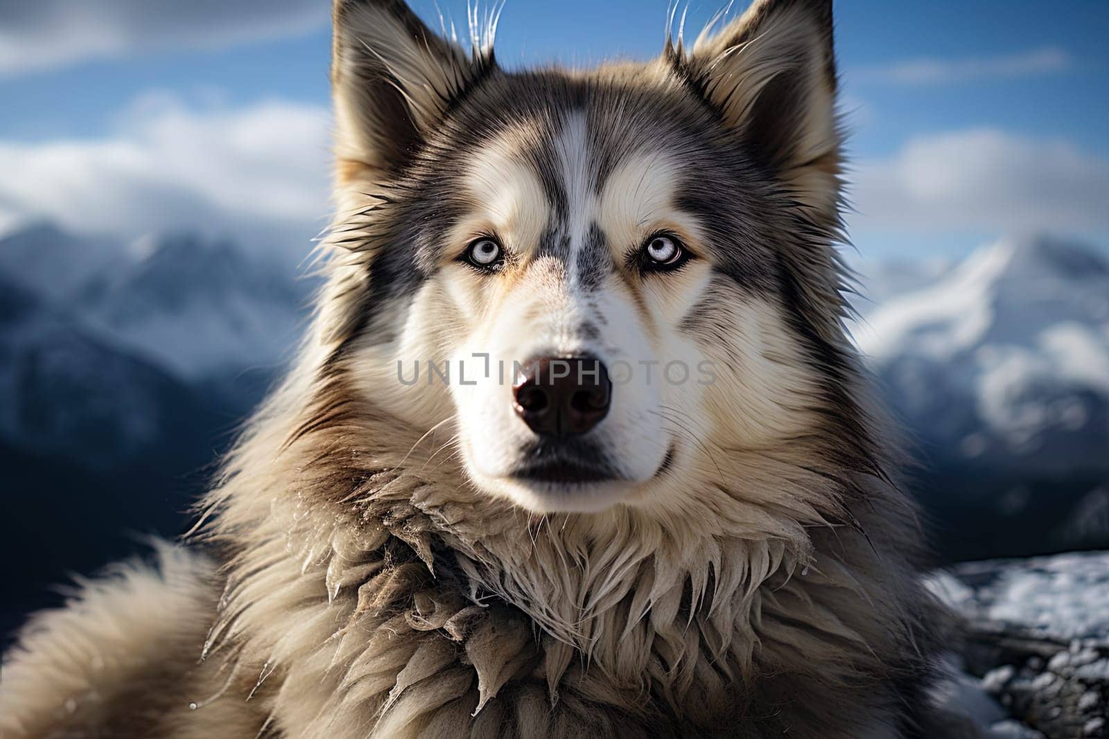 Alaskan Malamute on background of mountains. Close-up photo, natural natural light. Ai generative art