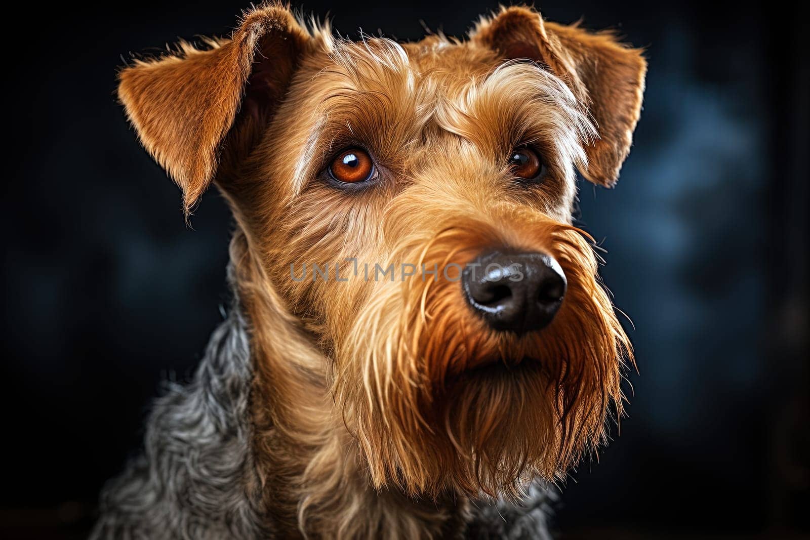 Portrait of Welsh Terrier on a black background, close up cropped photo. Ai generative art