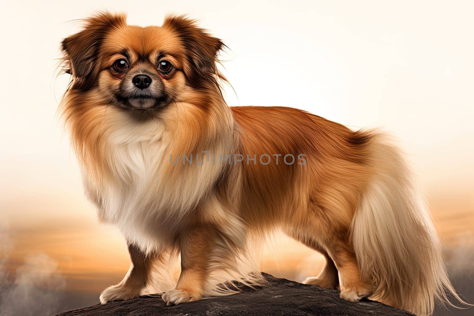 Portrait of Tibetan Spaniel on a neutral background, close up cropped photo. Ai generative art