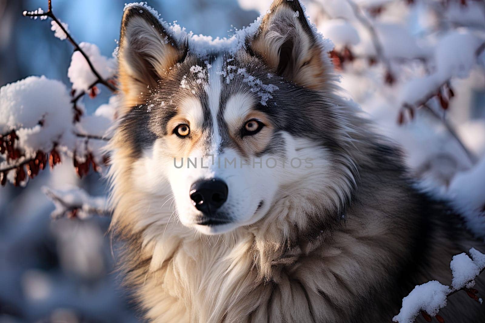 Alaskan Malamute on background of snow-covered forest Close-up photo, natural natural light. Ai generative art