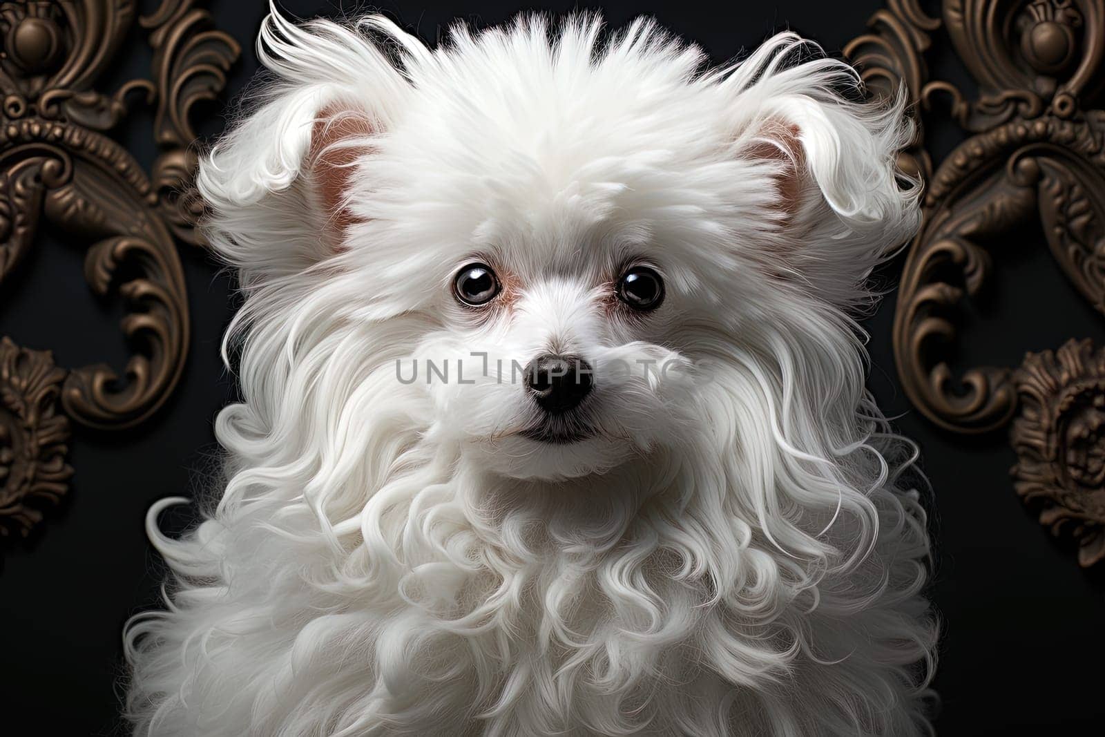 Portrait of white poodle, close up photo, studio photo. Ai generative art