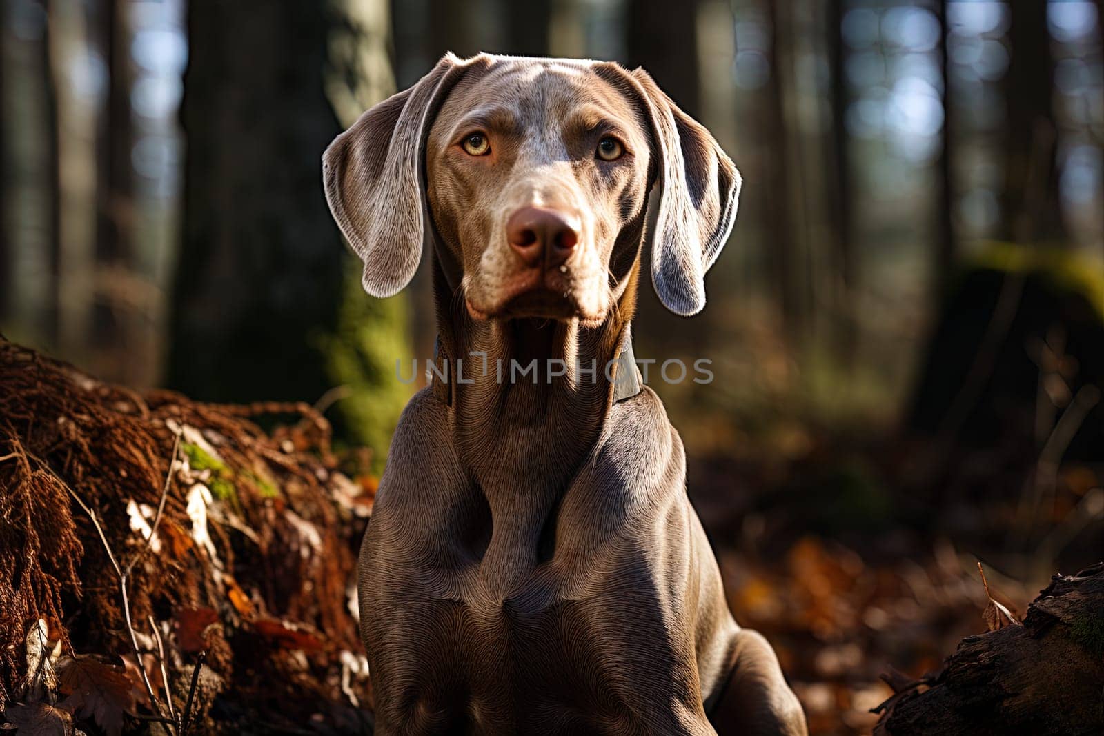 Portrait of Weimaraner cardigan on a nature background, close up cropped photo. Ai generative art