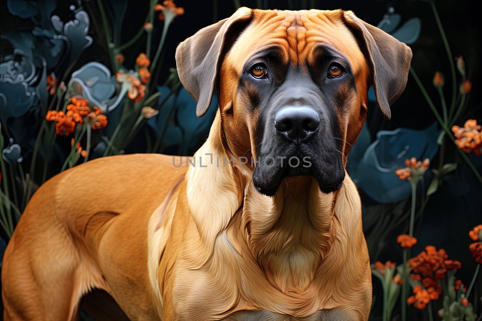 Portrait of Tosa Inu on a nature close up cropped photo. Ai generative art